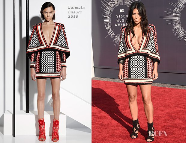 Kim Kardashian em Balmain Depois de todo o bafada do seu derriére, agora ela só mostra os peitos. Kim tem se transformado em uma designer-hog com o know-how do Kanye. Gosto da direção, mas ela não tem um estilo constante. Esta peça é interessante e beirando o intelectual fashion, mas não a ajuda muito...