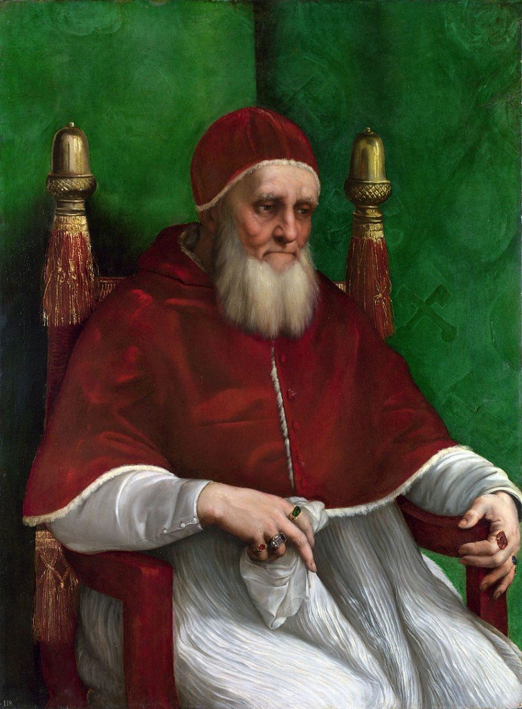 Retrato do papa Júlio II (1511/12) por Rafael Sanzio (o maior e mais ambicioso dos papas do Renascimento). National Gallery, Londres.