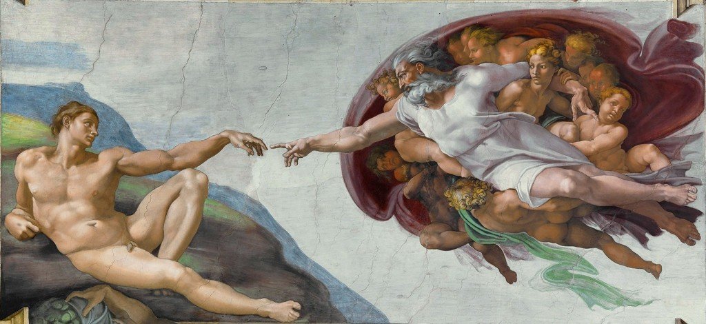 A criação do Homem, por Michelangelo Buonarroti (1512). Capela Sistina, Vaticano. Roma. “Seus trabalhos o colocaram em um alto pedestal, o que o levou à visão do poder do artista como criador. Não foi à toa que ele, ainda em vida, foi chamado de'o Divino' ”. Giorgio Vasari.