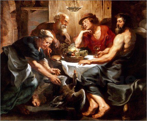 Nesta tela de Peter Paul Rubens (1577-1640), o humilde casal de anfitriões Filemon e Baucis, que disponibilizaram o melhor que tinham em casa mesmo sem fazer ideia de que estavam recebendo Zeus e Hermes. A dádiva concedida ao casal, por tamanha benevolência e generosidade, foi a de viverem o máximo de tempo possível e de morrem juntos, como queriam. Foram transformados em árvores que se entrelaçam